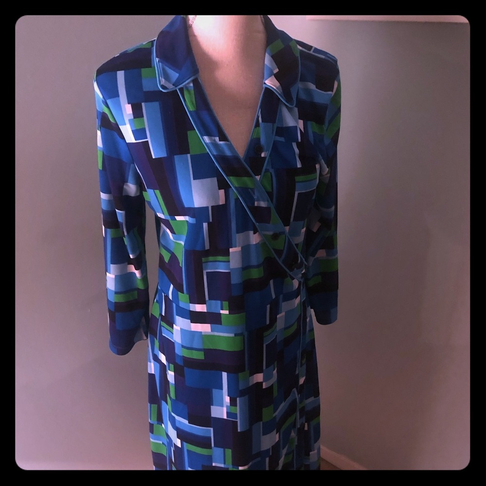 Color block blues, green and white faux wrap dress